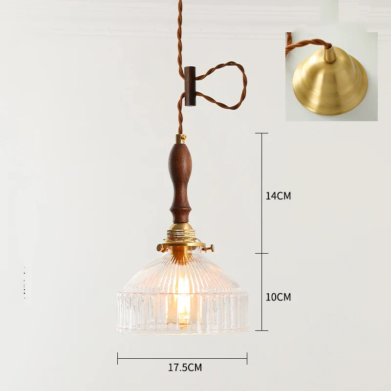 Helnys Green Glass LED Pendant Light with Wood Handle & Copper Socket