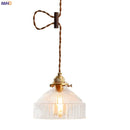 Helnys Green Glass LED Pendant Light with Wood Handle & Copper Socket