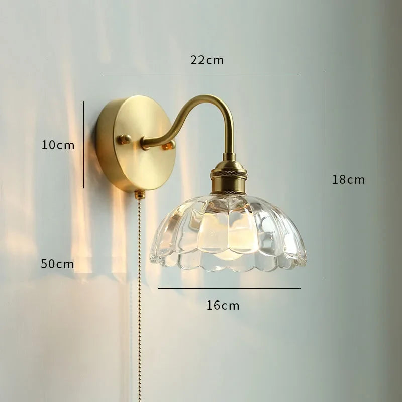 Helnys Glass Copper LED Wall Lights Pull Chain Switch Bedroom Bathroom Mirror Stair