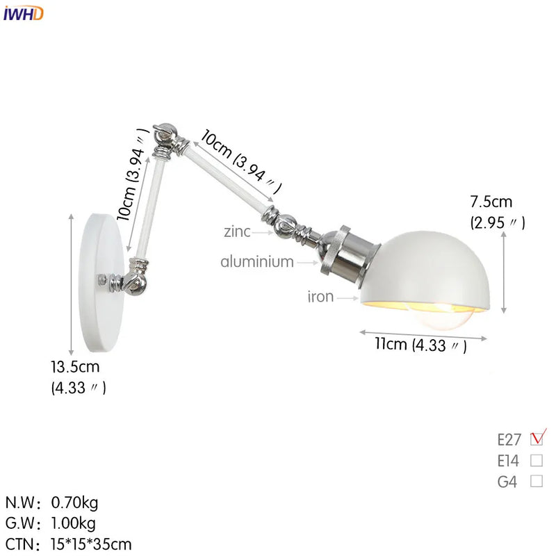 Helnys White Swing Arm Wall Light 4W Industrial Vintage Wall Sconce Luminaria