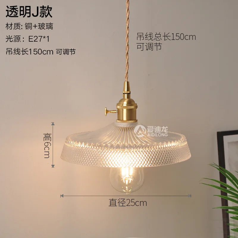 Helnys Nordic Copper LED Glass Pendant Light for Bedroom, Restaurant, Bar, and Cafe