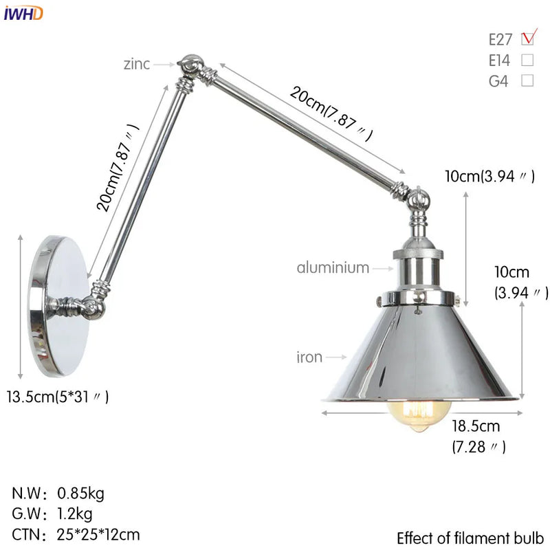 Helnys Silver Swing Arm LED Wall Light for Bedroom Stair Mirror Loft Industrial Decor