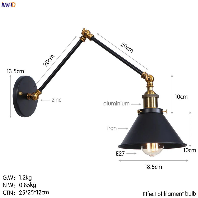 Helnys Swing Arm Wall Lamp Vintage Industrial Style with Edison Bulb