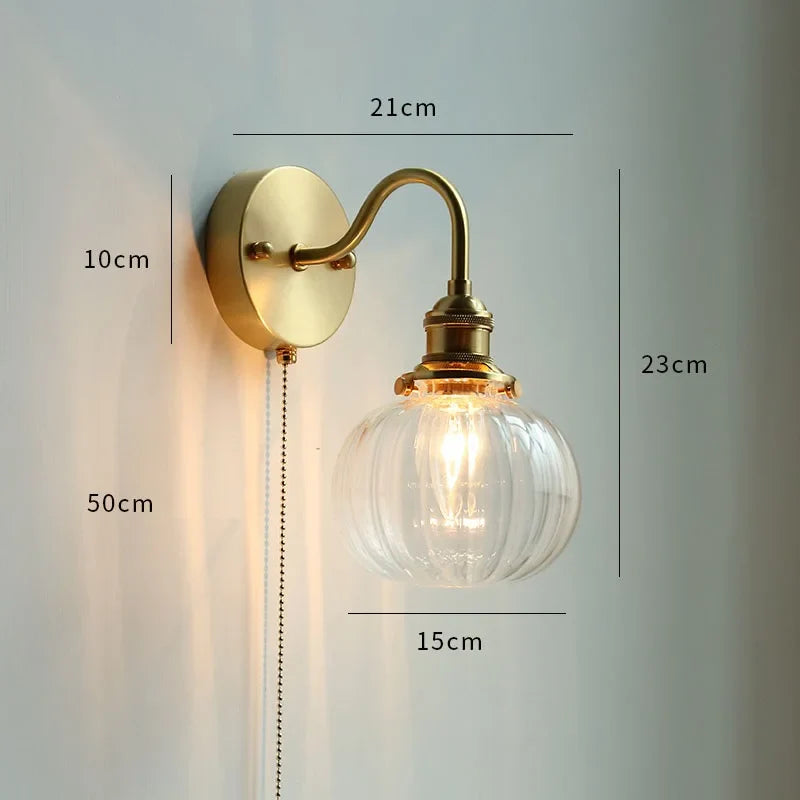 Helnys Glass Copper LED Wall Lights Pull Chain Switch Bedroom Bathroom Mirror Stair