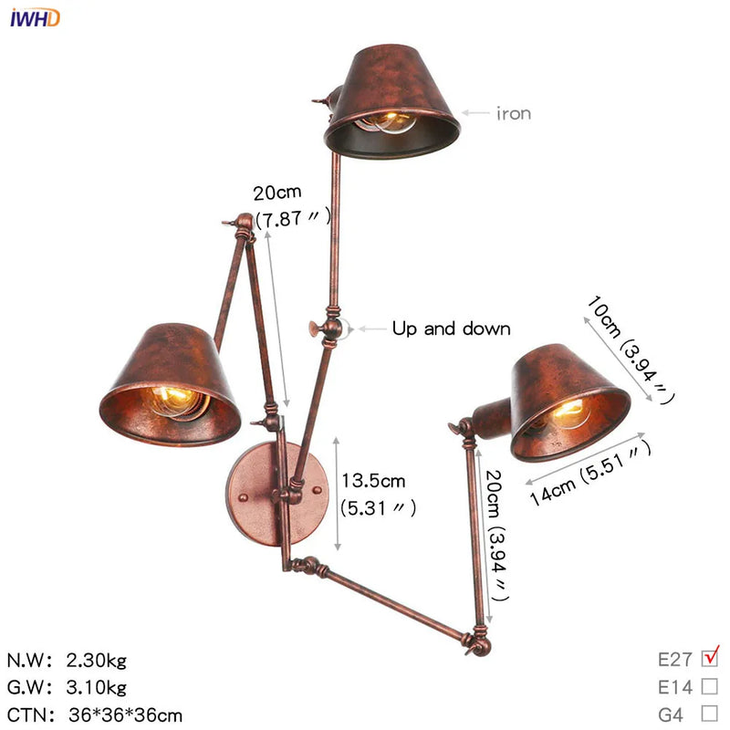Helnys Black Swing Arm Wall Light Industrial Vintage Sconce LED Lighting