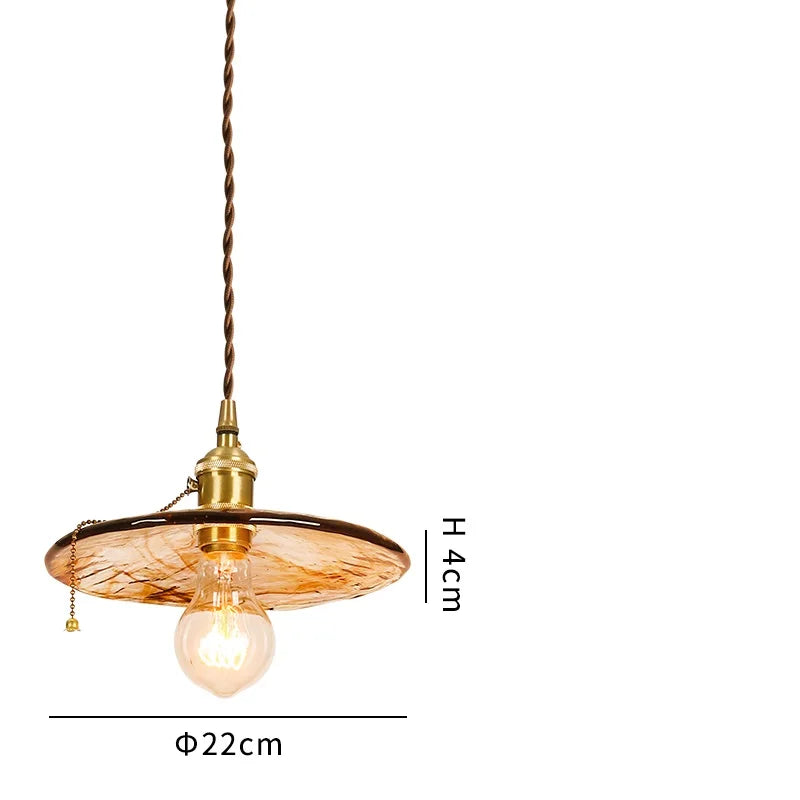 Helnys Vintage Wood Copper Pendant Lights Amber Glass Japanese Style LED