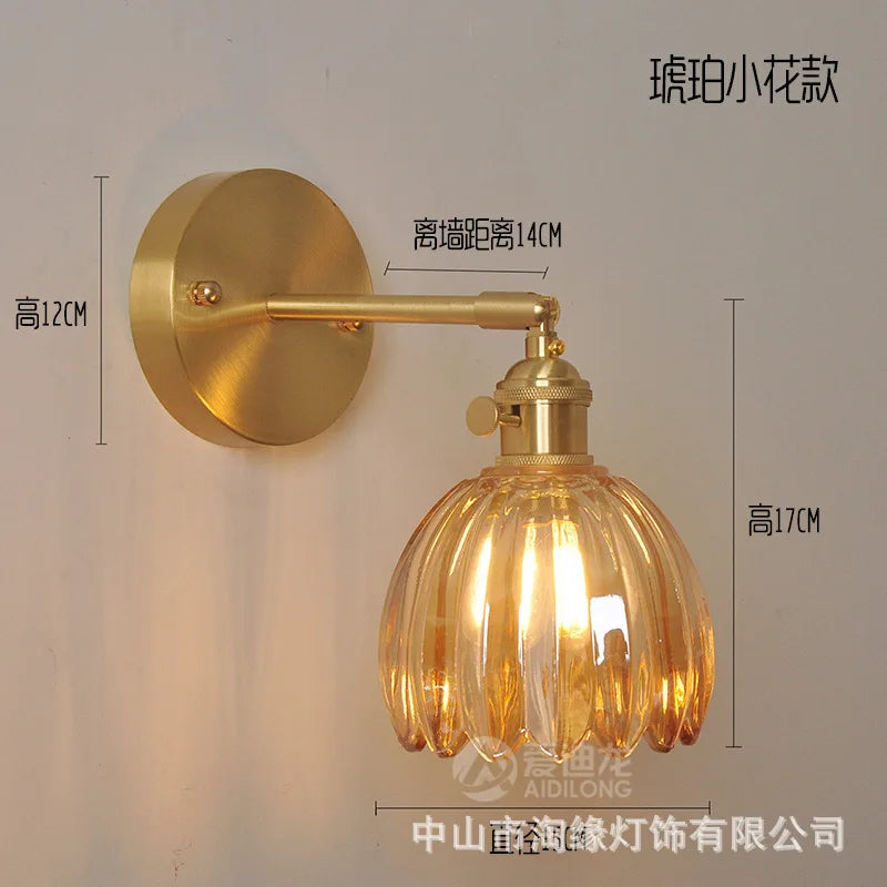 Helnys Japanese Copper Glass Wall Sconce LED Light Nordic Modern Fixture