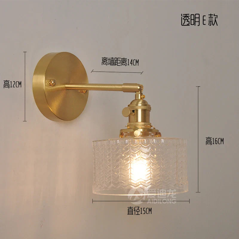 Helnys Nordic Brass Wall Lamp Bedside Sconce Glass LED Light
