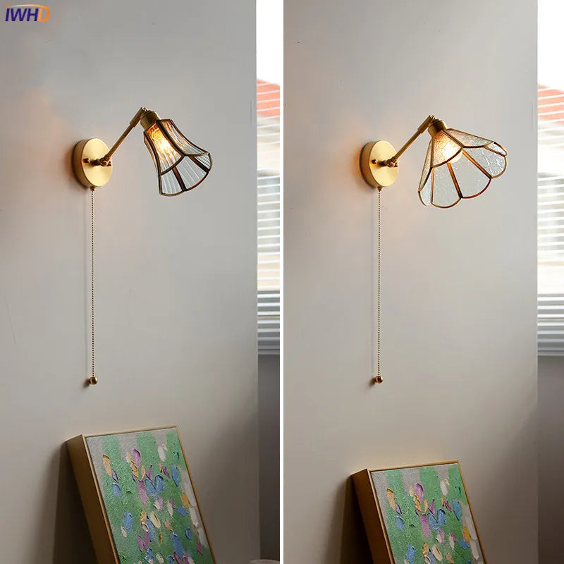Helnys Green Glass LED Wall Lights with Pull Chain Switch