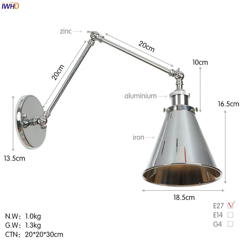 Helnys Swing Arm Wall Lamp Vintage Industrial Style with Edison Bulb
