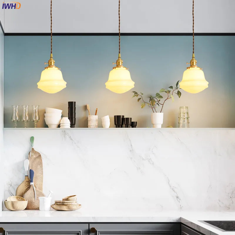 Helnys White Glass LED Pendant Light - Japanese Style Nordic Copper Hanging Lamp