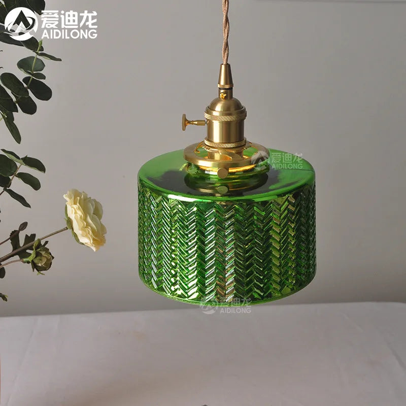 Helnys Nordic Green Glass LED Pendant Lights Copper Switch - Modern Hanging Lamp