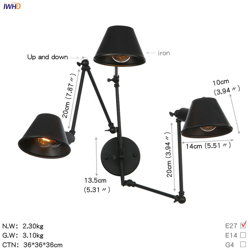 Helnys Black Swing Arm Wall Light Industrial Vintage Sconce LED Lighting