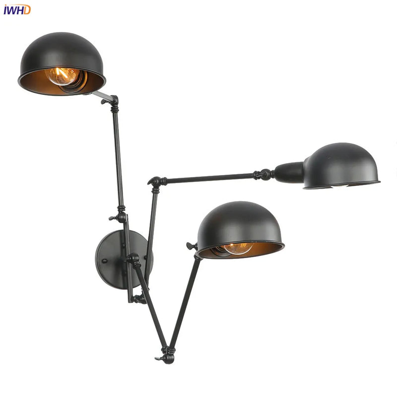 Helnys Antique Edison Wall Sconce Swing Arm Wall Light - Black, 3 Heads