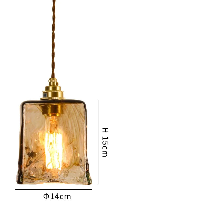 Helnys Vintage Wood Copper Pendant Lights Amber Glass Japanese Style LED