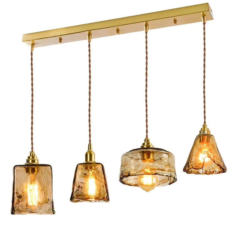 Helnys Vintage Wood Copper Pendant Lights Amber Glass Japanese Style LED