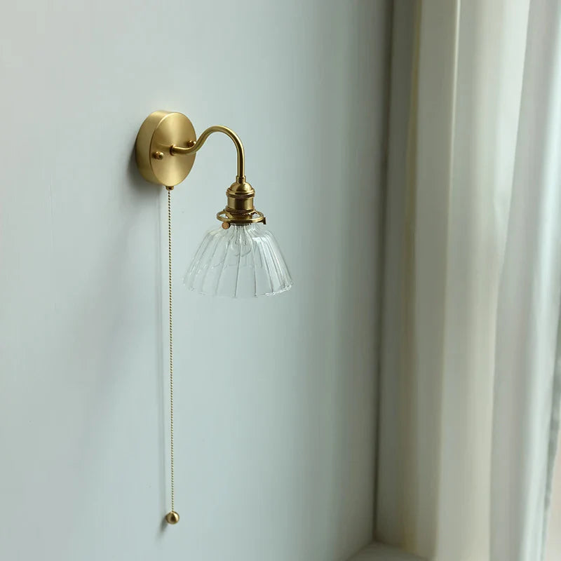 Helnys LED Wall Lamp Pull Chain Switch Glass Copper Wall Sconce