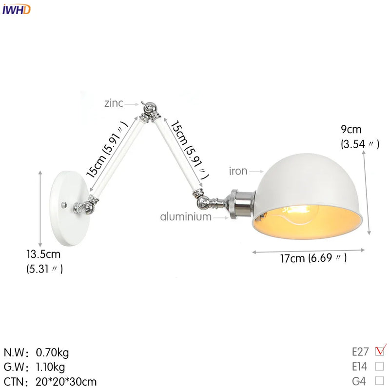 Helnys White Swing Arm Wall Light 4W Industrial Vintage Wall Sconce Luminaria