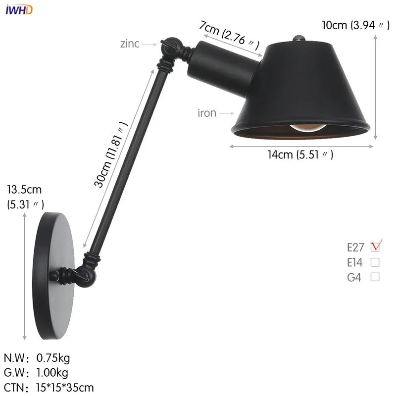 Helnys Black Swing Arm Wall Light Industrial Vintage Sconce LED Lighting