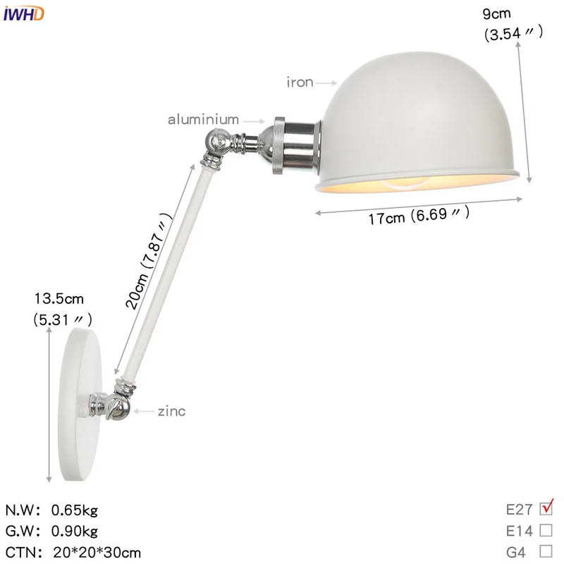 Helnys White Swing Arm Wall Light 4W Industrial Vintage Wall Sconce Luminaria