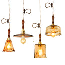 Helnys Vintage Wood Copper Pendant Lights Amber Glass Japanese Style LED