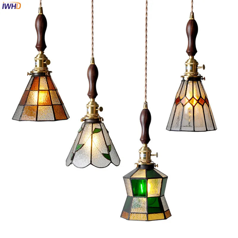 Helnys Nordic Glass Copper Pendant Light with Wood Knob Switch