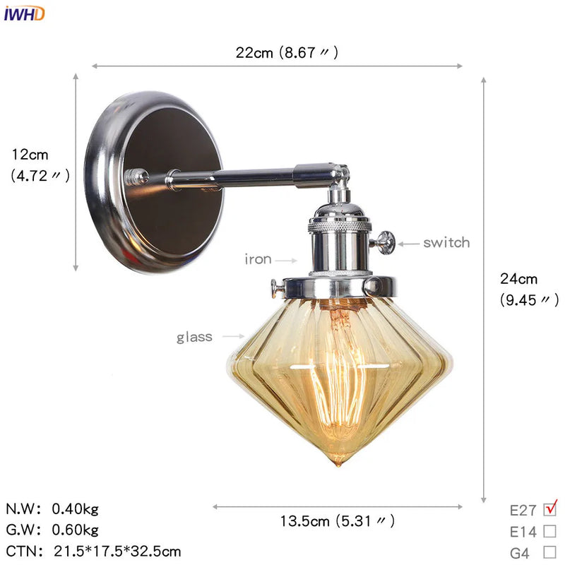 Helnys Amber Glass Ball LED Wall Lamp for Home Bedroom Stair Mirror Switch