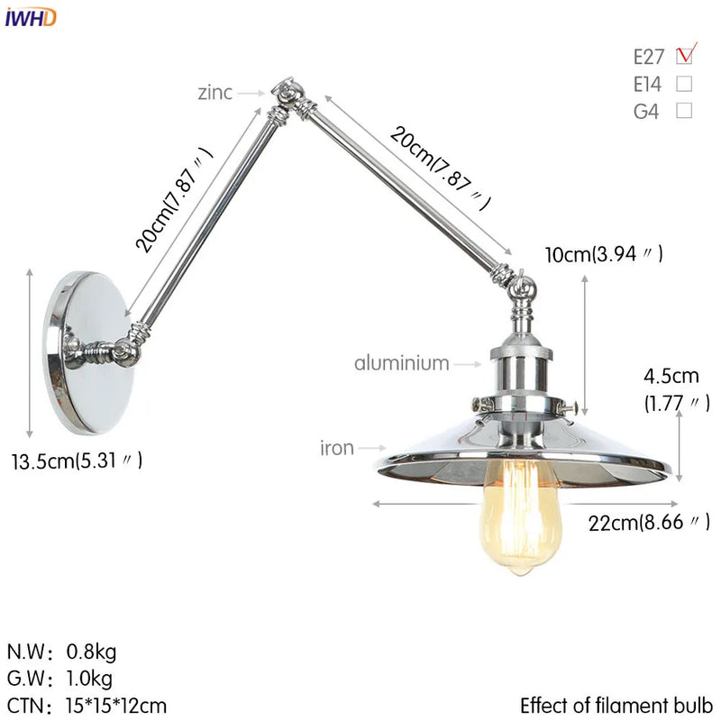 Helnys Swing Arm Wall Lamp Vintage Industrial Style with Edison Bulb