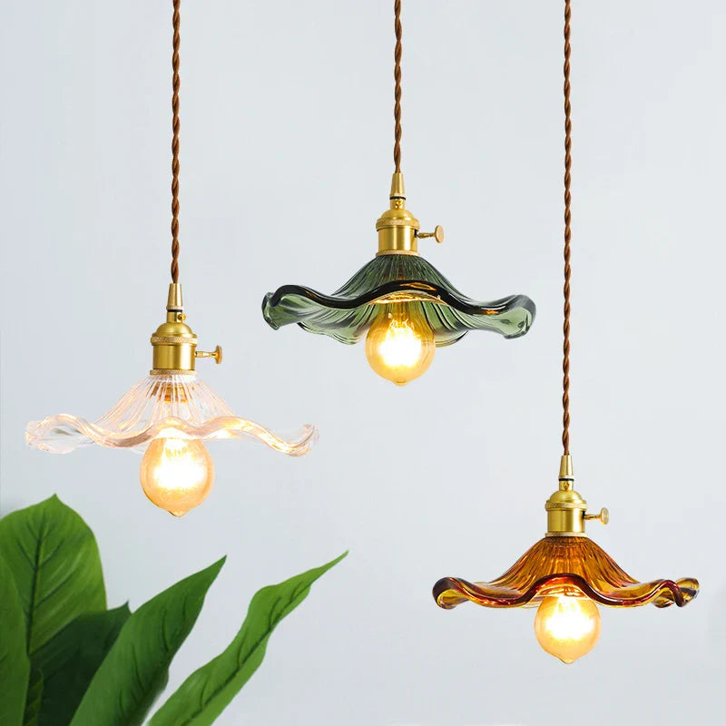 Helnys Nordic Green Glass LED Pendant Light with Copper Knob Switch