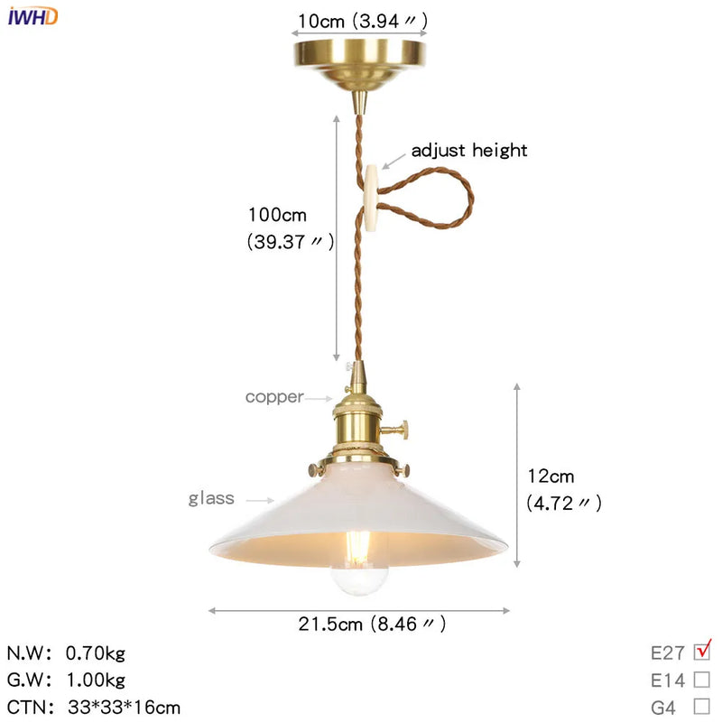 Helnys Nordic White Glass Pendant Light with Japan Copper Finish