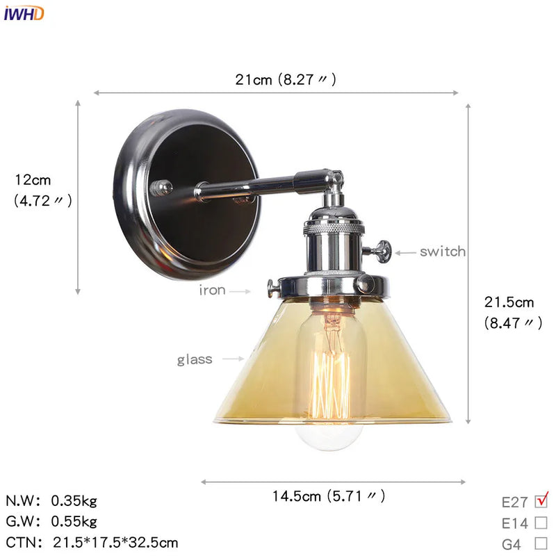 Helnys Amber Glass Ball LED Wall Lamp for Home Bedroom Stair Mirror Switch
