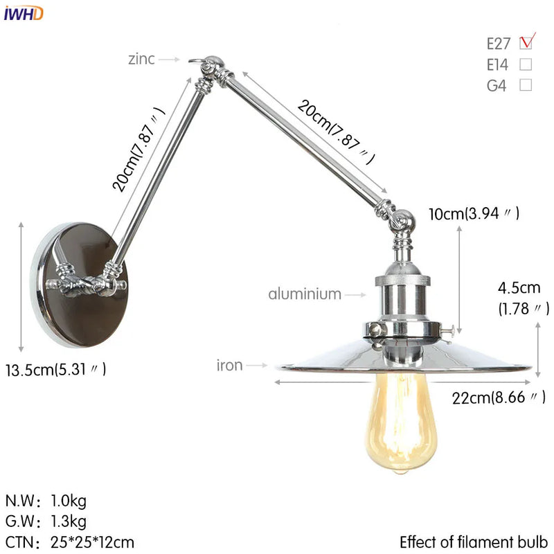 Helnys Silver Swing Arm LED Wall Light for Bedroom Stair Mirror Loft Industrial Decor