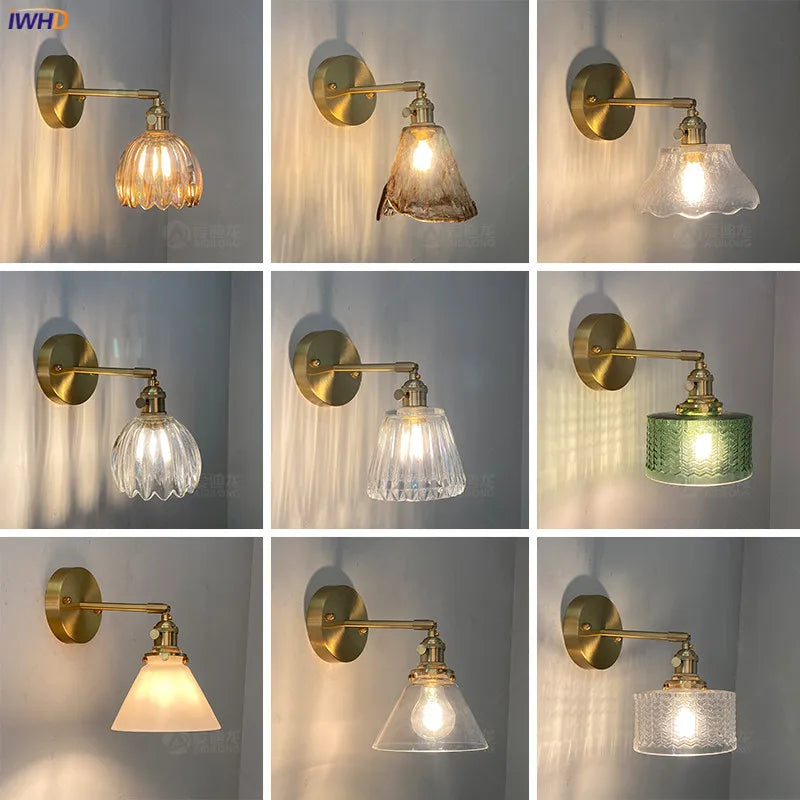 Helnys Nordic Brass Wall Lamp Bedside Sconce Glass LED Light