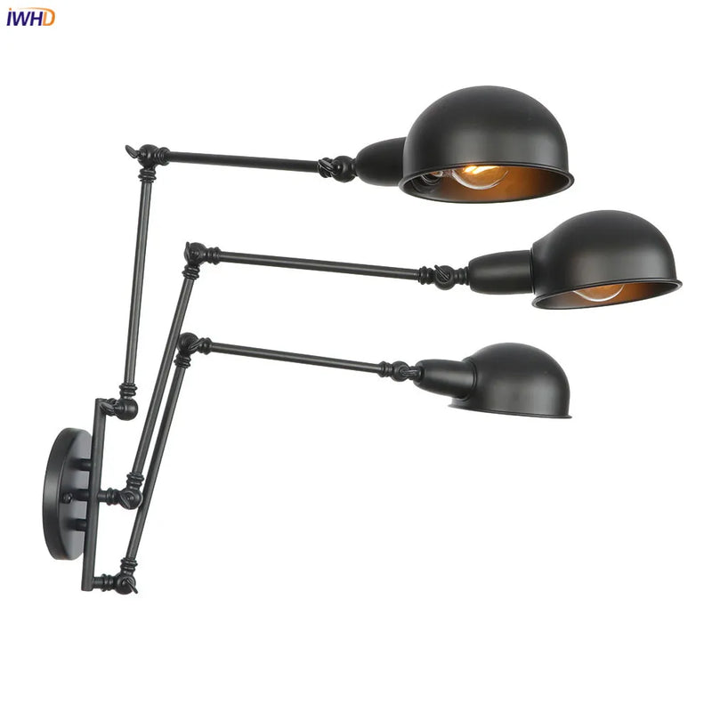 Helnys Antique Edison Wall Sconce Swing Arm Wall Light - Black, 3 Heads
