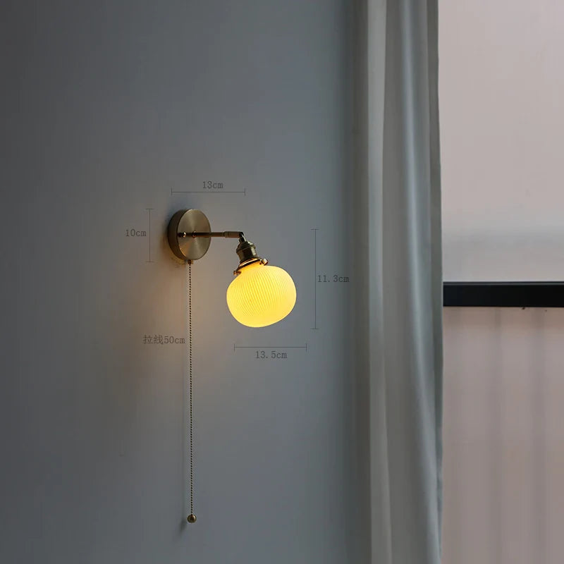 Helnys Ceramic Copper Arm Wall Lamp with Pull Chain Switch - Nordic Modern Style