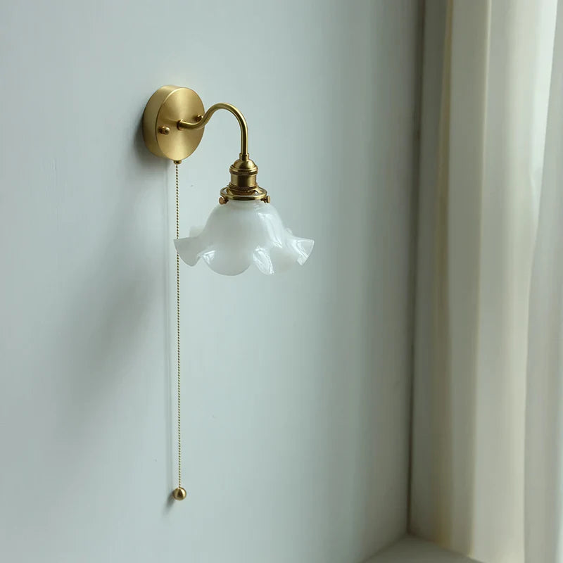 Helnys White Glass LED Wall Light with Pull Chain Switch - Copper Nordic Wall Sconce