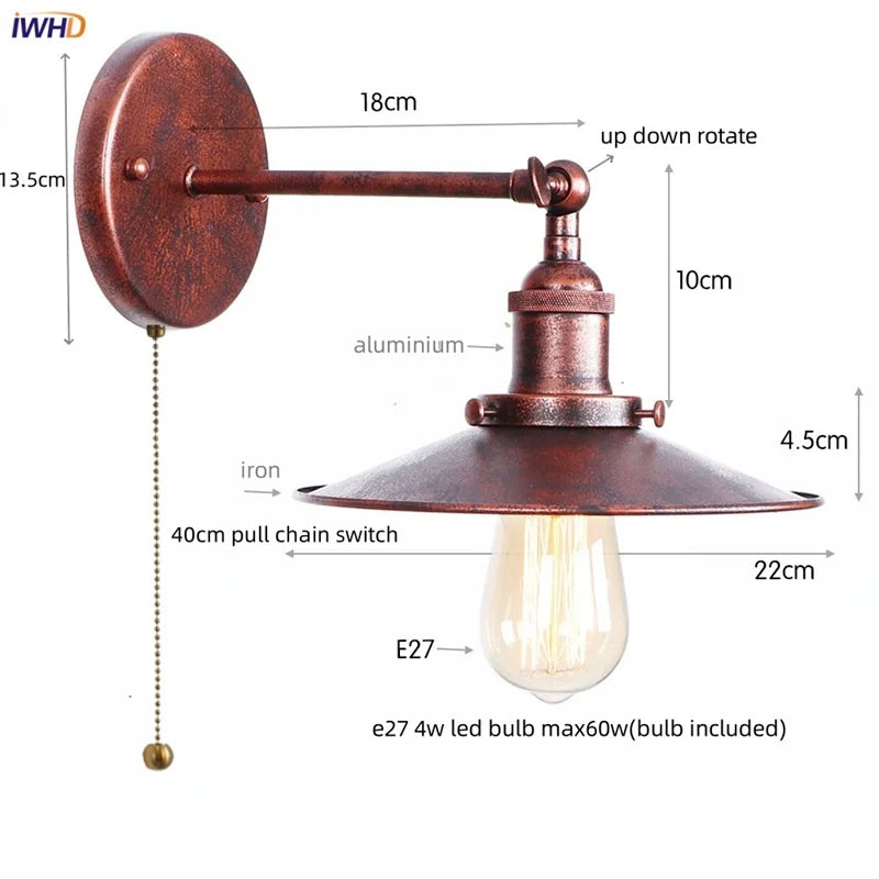 Helnys Loft LED Wall Lamp With Gold Pull Chain Switch - Industrial Vintage Design