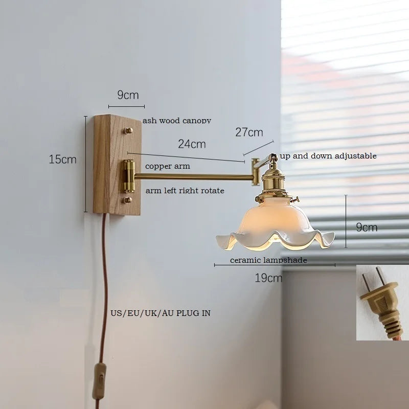 Helnys Flower Ceramic LED Wall Light Copper Arm Sconce - Modern Home Decor