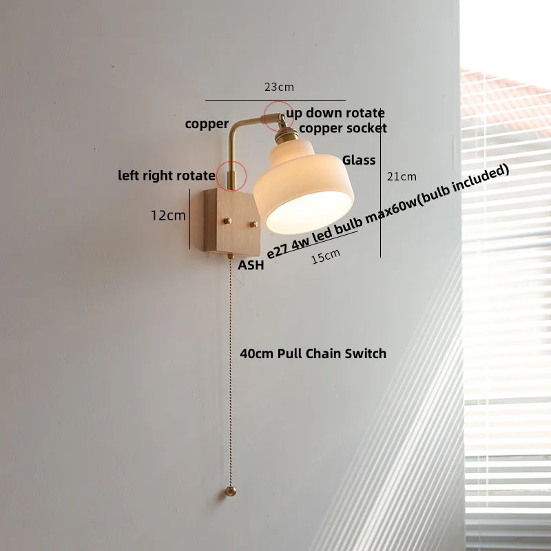 Helnys Loft Wood LED Wall Light Vintage Walnut Rotatable Bedside Lamp