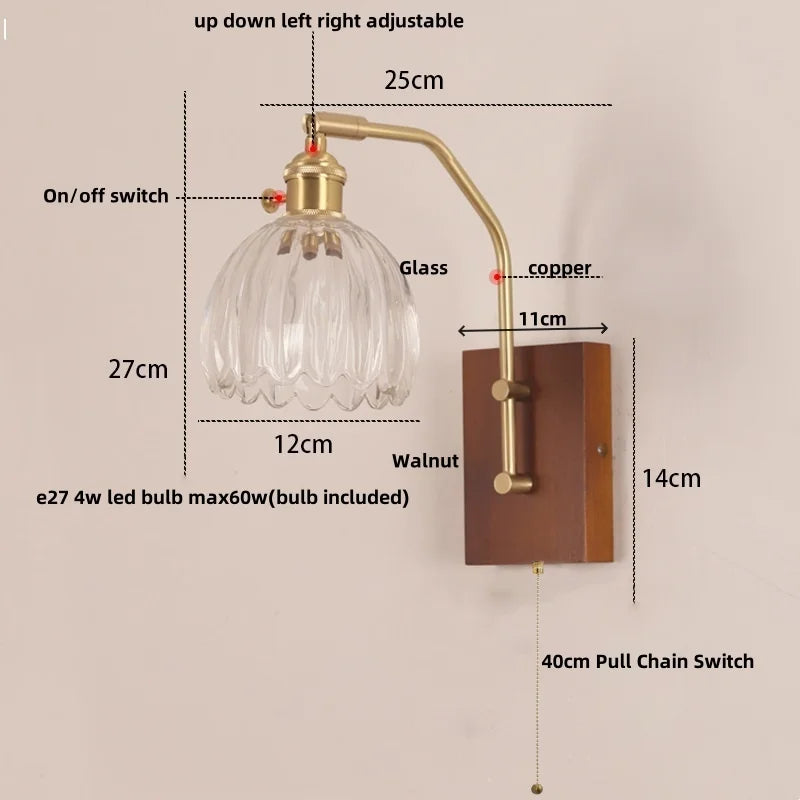 Helnys LED Glass & Wood Wall Lamp with Pull Chain Switch for Living Room