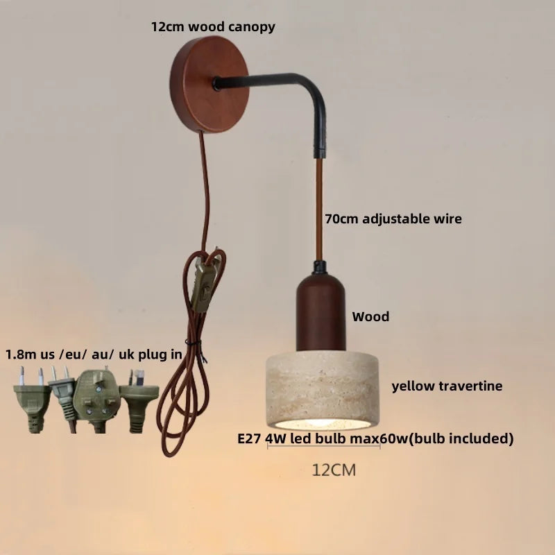 Helnys Adjustable LED Wall Lamp Pull Chain Switch Wood Nordic Modern Yellow Travertine