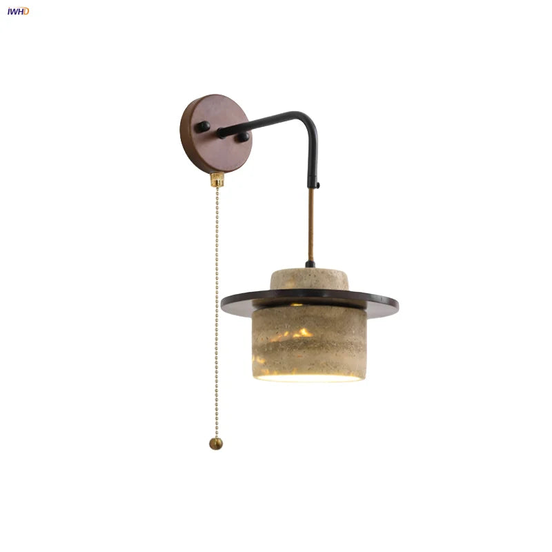 Helnys LED Pull Chain Wall Sconce Yellow Travertine Stone Wood Nordic Bedside Lamp