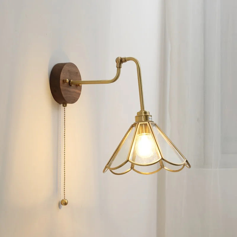 Helnys Fabric Lampshade LED Wall Sconce, Walnut Base, Adjustable Arm