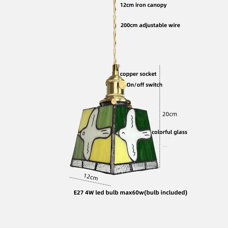 Helnys Tiffany Style Glass Pendant Light Fixture with Walnut Wood Finish