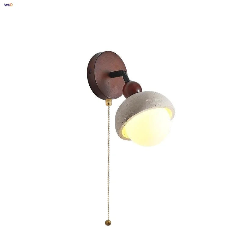 Helnys Glass Pull Chain Wall Sconce Rotate LED Lights White Travertine Bedside Lamp