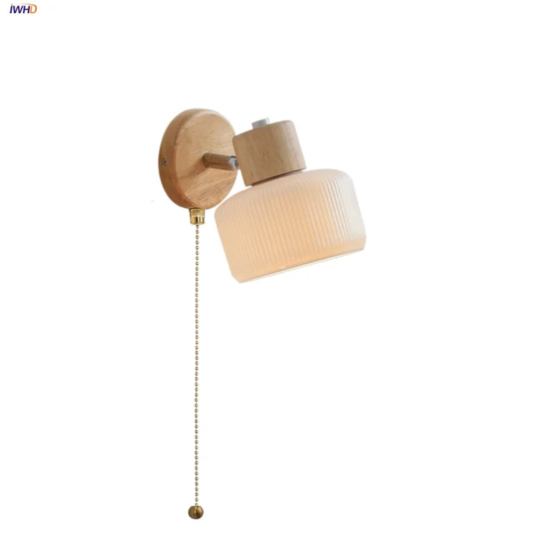 Helnys Wood White Ceramic Wall Lights - Pull Chain Switch LED Mirror Light