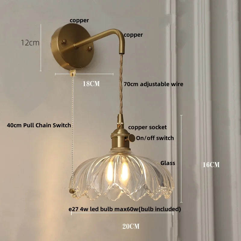 Helnys Smoke Gray Glass LED Wall Light with Pull Chain Switch - Minimalist Design