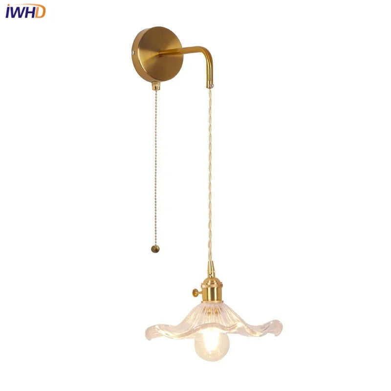 Helnys Copper LED Glass Wall Sconce Pull Chain Switch Adjustable Mirror Light