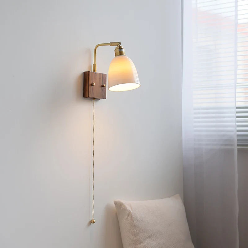Helnys Glass Ceramic LED Wall Sconce Walnut Wood Modern Rotatable Mirror Light