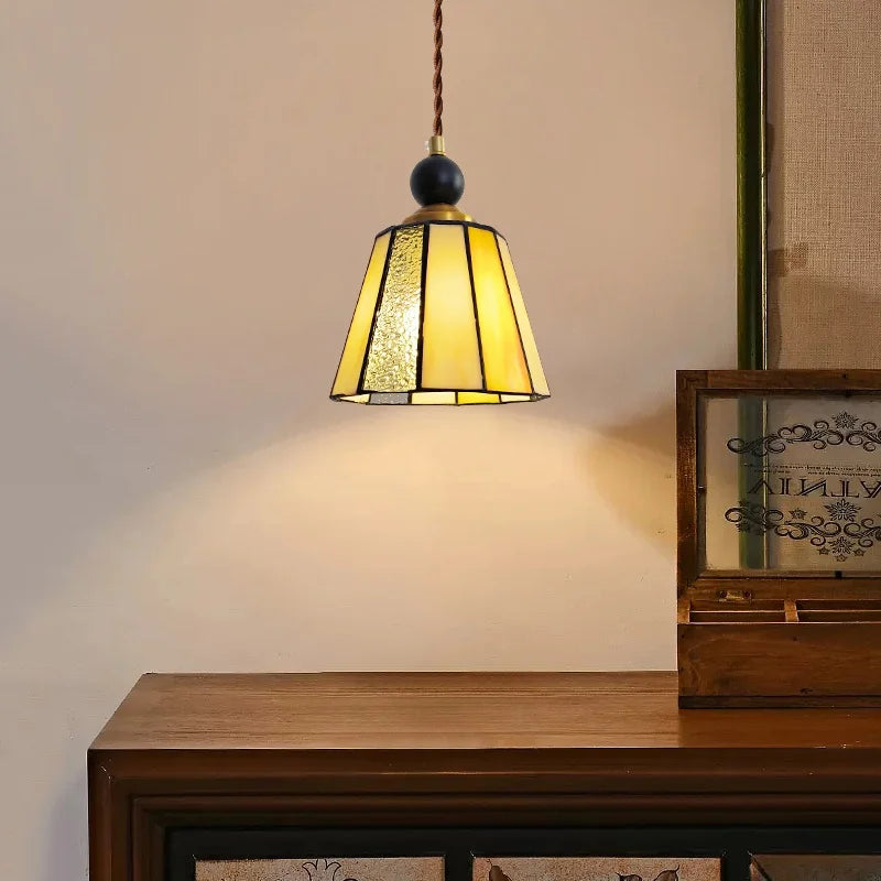 Helnys Adjustable LED Glass Pendant Lights - Modern Nordic Tiffany Copper Wood Hang Lamp